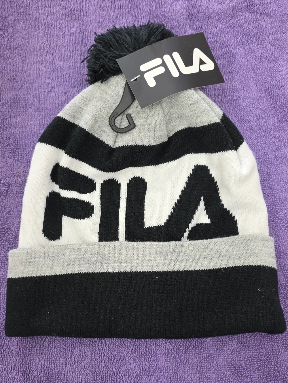 NWT Fila Kids/Teen Black, Gray & White Pom Pom Beanie
